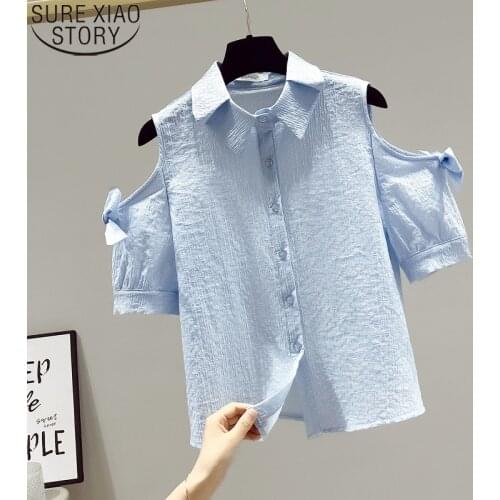 Light Blue Fashion Chiffon Blouse Women Off Shoulder Tops Sweet Bow Short Sleeved Shirt Loose Clothes Summer New Blusas 15173