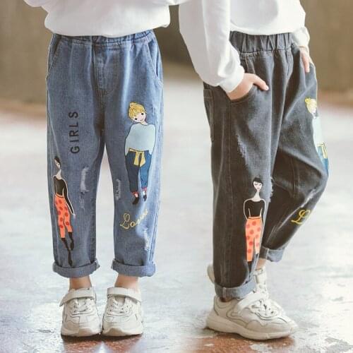 Girls Jeans 2021 New Spring Fall Cartoon Pattern Cute Kids Denim Pants for 3 4 5 6 7 8 9 10 11 Year Girl Elastic Waist Trousers