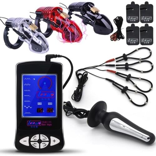 Electric Shock CB6000 Cock Cage Ball Stretcher BDSM Electro Stimulation Anal Plug Penis Ring Massage Pad Medical Sex Toy For Men