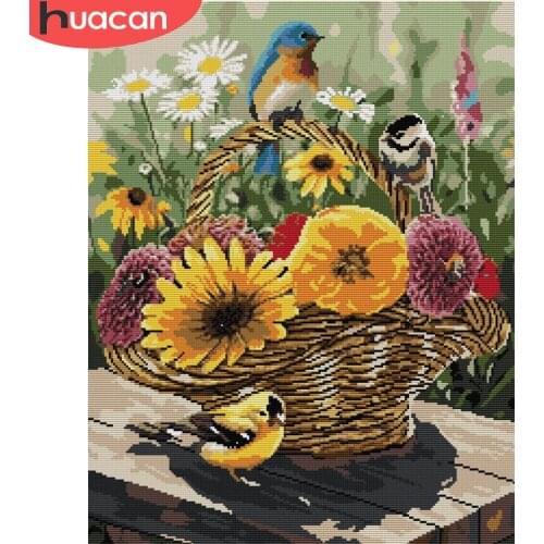 HUACAN Embroidery Flower Bird Cross Stitch Sets White Canvas Needlework Handicrafts Cross Stitch Animal 14CT 11CT