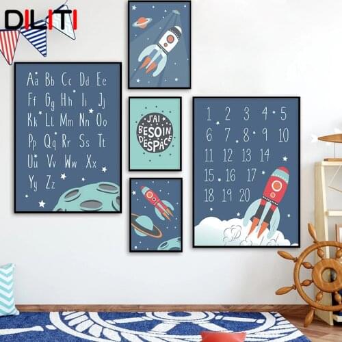 Cartoon Nursery Wall Art Space Rocket Canvas Painting for Boy Room Decoration Numbers Alphabet Print Posters Decor Picture