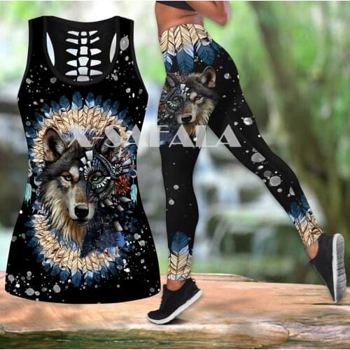 Native Indian Wolf Animal Art Two Piece Yoga Set Women 3D Print Vest Hollow Out Tank Top High Waist Legging Summer Casual Sport