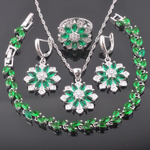 Alluring Green Cubic Zirconia Flower Silver Color Jewelry Sets For Women Costume Earrings/Necklace/Bracelet/Ring QS277