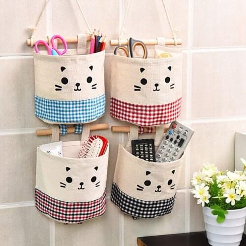 Cute Cotton Linen Haning Organizers Wall Mounted Wardrobe Hanging Bag Closet Organizer Cosmetic Toys Storage Bag Sundries Pouch