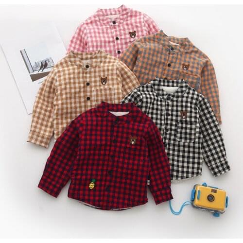 Unisex Kids Shirts Cartoon Plaid Plus Velvet Thick Long Sleeves Tops for Girls Blouse Boys Clothing Newborn Baby Clothes Shrit