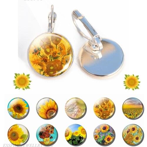 Van Gogh Sunflower Stud Earrings Glass Cabochon Fashion Jewelry Findings Simple Style Flower Earing Girl Women Gifts