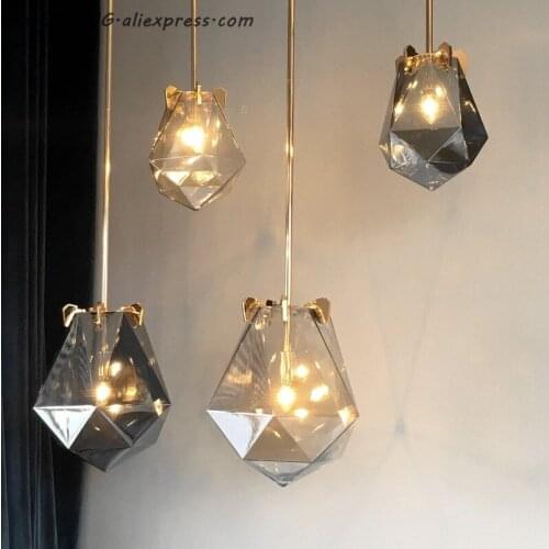 KOSTKING Modern minimalist polyhedron creative smoke gray glass single head pendant lamp Nordic diamond E14 bedroom LED lighting