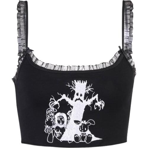 Gothic Clothes Lace Camisoles Black Streetwear Summer Sexy Ruffles Camis Women Print Crop Top Backless Sleeveless Slim Bodycon