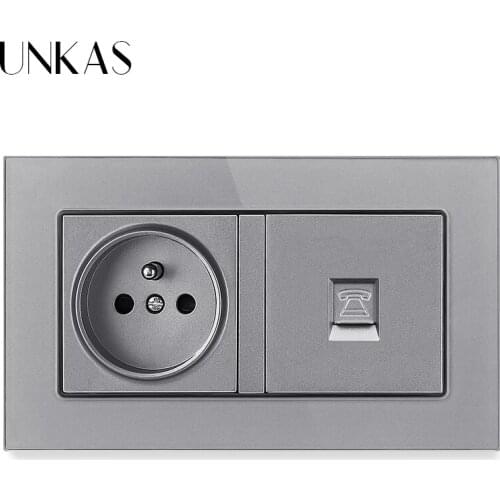 UNKAS Tempered Crystal Glass Panel 16A French Standard Wall Power Socket + RJ11 Telephone Connector Jack 146MM*86MM Outlet