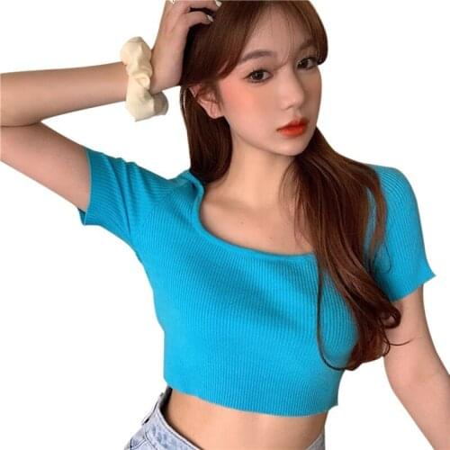 Summer Korean Solid Color Women Tshirt Square Collar Female Exposed Navel Slim Wild Knit Short Sleeve Crop Top