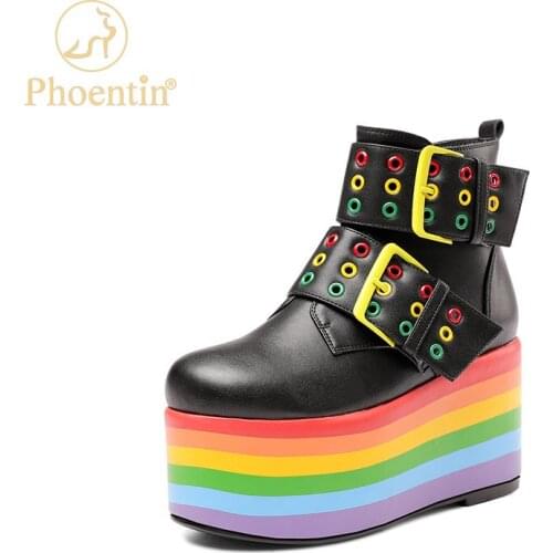 Phoentin Fashion Rainbow Platform Ankle Boots womens Genuine leather High heels round toe Shoes Thick Sole short Boot FT1691