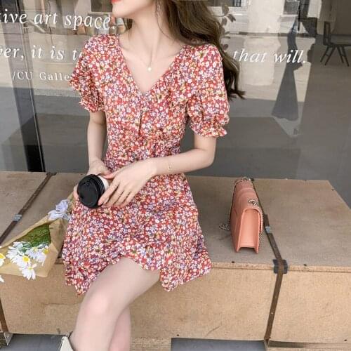 Vestidos 2021 Summer Party Dress Women Sexy V-neck Mini Dress Print Floral Female Robes Puff Sleeve Vestidos Chic Clothes 14692