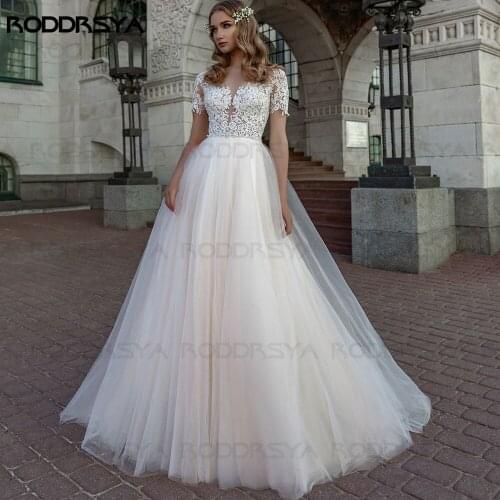 O Neck Illusion A Line Weddding Dress Tull Floor Length Short Sleeve robe de mariée Appliqued 2020 vestidos de novia