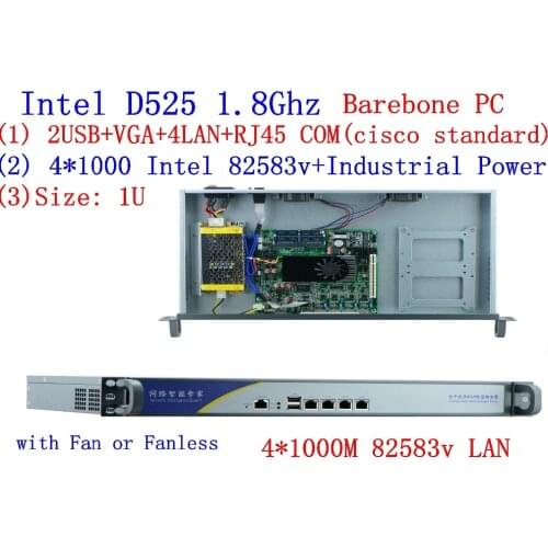 1U Firewall Router network server Atom D525 dual core 1.8GHz 4 LAN 4*Intel 82538V 1000M support pfSense, WayOS, IPFire, etc