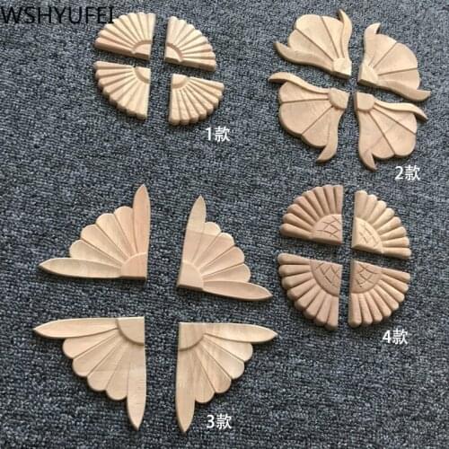 4PC Natural Floral Wood Carved Wooden Figurines Crafts Round Appliques Frame Wall decor Door Furniture Woodcarving sculpture