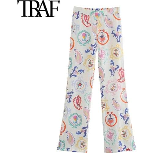 TRAF Women Chic Fashion Paisley Print Y2K Flare Pants Vintage High Elastic Waist Side Zipper Female Trousers Mujer