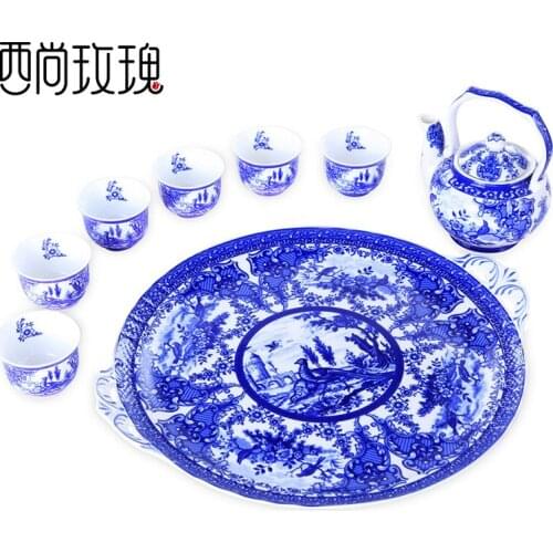 Spot glazed blue and white porcelain kungfu tea set, tea plate, tea cup set
