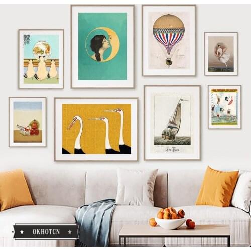 Girl Moon Pool Ship Crane Cat Fish Tank Carriage Canvas Painting Nordic Retro Poster Wall Art Pictures for Living Room Decor