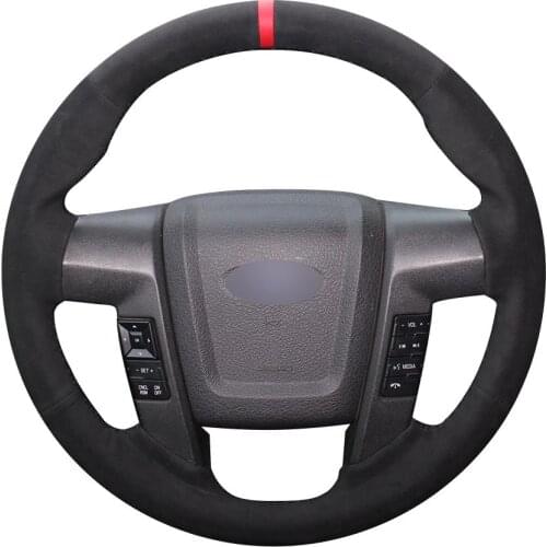 DIY Customize Braiding Black Suede Red Marker Car Steering Wheel Cover For Ford F150 F -150 2011 -2014