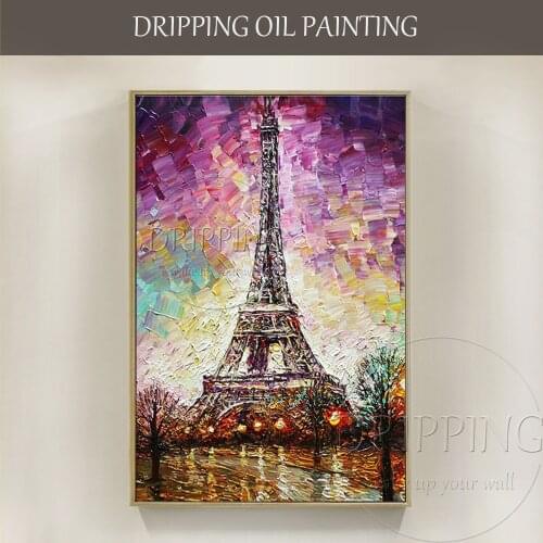 Artist Hand-painted Abstract Paris Landscape Oil Painting on Canvas Vivid Color Knife Textured Paris Tower Landscape Painting