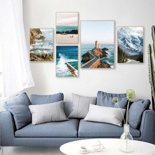Nordic Ocean Wave Landscape Canvas Painting Mountain Beach Lighthouse Wall Art Poster Pictur Scandinavian Living Room Home Decor