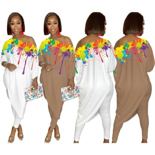 Two Piece Set Women Fall Fashion Urban Commuter Ink Printing Casual Loose Sloping Shoulders Pants Sets Wholesale Dropshipping