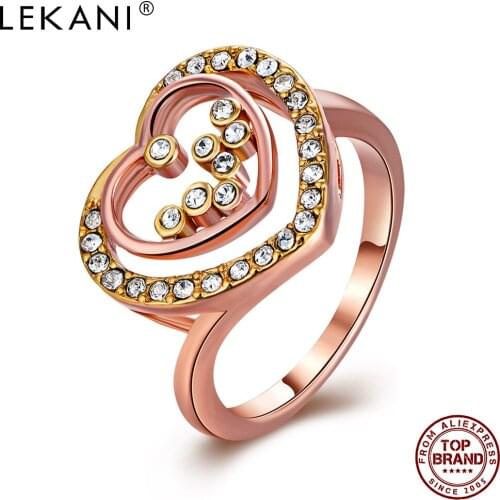 LEKANI Finger Rings For Women Rose Gold Color Heart To Heart Inlay Dots Crystal Ring Prom Fashion Jewelry Gift Send Girlfriend