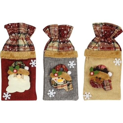 Cute Christmas Wine Bottle Cover Linen Plaid Stripe Dustproof Decorations Home Dinner Ornament Happy New Year Xmas Holiday Gift