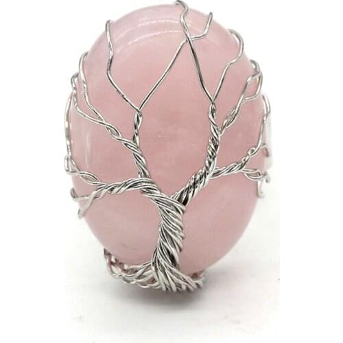 Trendy-beads Silver Plated Wire Wrap Tree of Life Oval Shape Natural Rose Pink Quartz Ring Engagement Jewelry