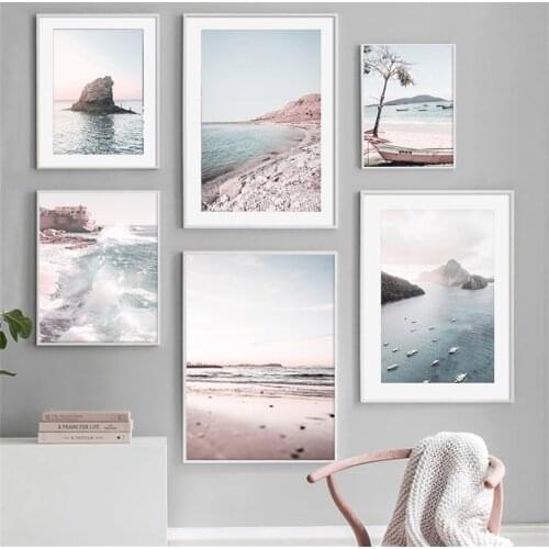 Sea Beach Boat Tree Waves Stone Seascape Nordic Posters And Prints Wall Art Canvas Painting Wall Pictures For Living Room Decor