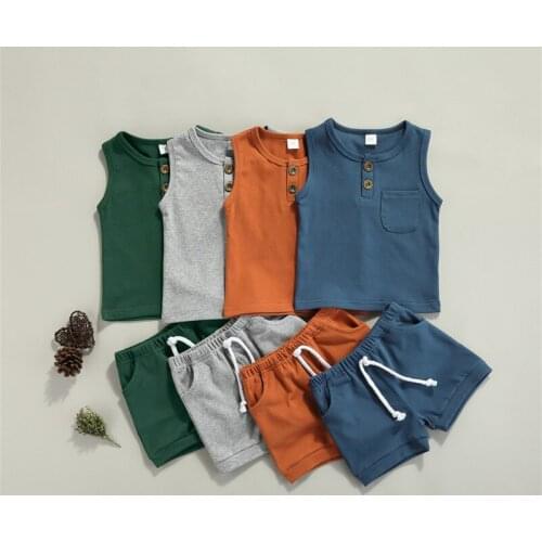Newborn Baby Boys Clothes 0-3Y Toddler Kids Solid Pocket Sleeveless Vest Tops+Shorts Pants 2Pcs Outfits Sets Infant Clothing