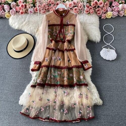 Menahem Elegant Long Lantern Sleeve Mesh Dress Flower Embroidery Stitching Lace Trims High Waist Sweet Bow Party Long Dress