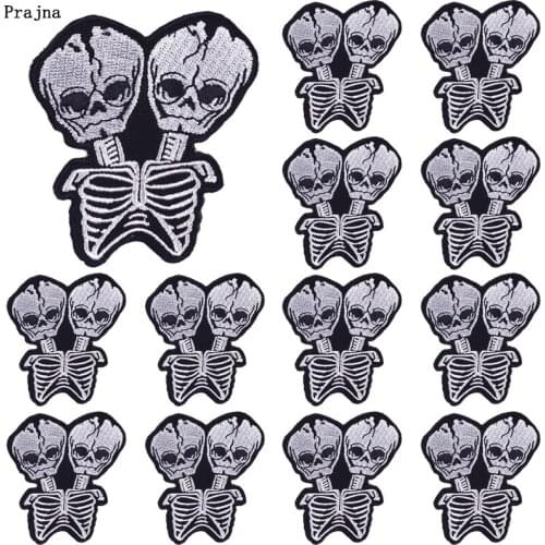Prajna 10 PCS Punk Skull Patches On Clothes Balck And White Skeleton Patch Iron On Embroidered Patches For Clothing Jacket DIY