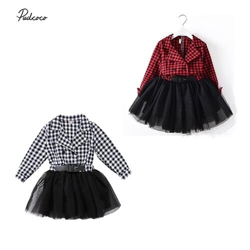 Pudcoco 2018 Kid Baby Girl Fashion Dress Plaid Long Sleeve Double Breasted Princess Party Tulle Tutu Dresses Autumn Outfit 2-7T