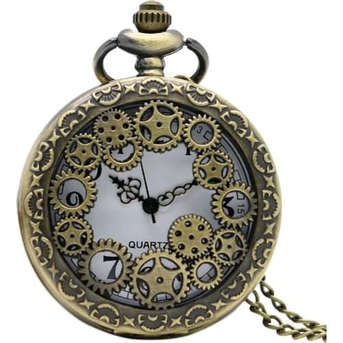 Retro Antique Copper Steampunk Vintage Hollow Bronze Gear Quartz Pocket Watch Necklace Pendant Clock Chain Mens Womens Gifts
