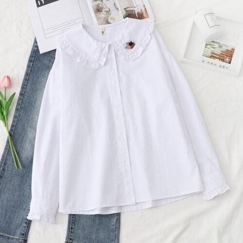 Literary New Autumn Sweet White Shirts Women Blouses Korean Peter Pan Collar Ruffles Patchwork Cotton Clothes Cute Girls Blusas