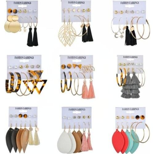 6-Pairs Popular Leaves Earrings Geometric Acrylic Plate Tassel Ear Stud Pearl Bling Hoop Fashion Jewelry Gifts for Female