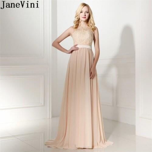 JaneVini Damigelle Chiffon Lace Bridesmaid Dresses Long 2018 Sexy Sheer Back Prom Dresses Champagne Formal Wedding Party Gowns