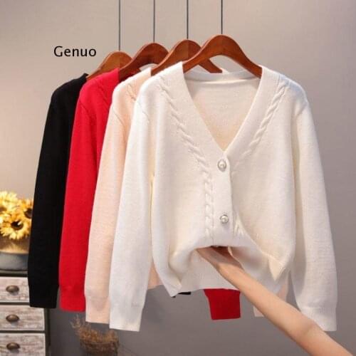 Sweater Cardigan Women Autumn Winter New V Neck Pearl Single Breasted Loose Short Thicken Sweater Sweet Long Sleeve Knitting Top