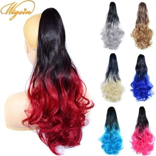 WIGSIN 22Inch Synthetic Ombre Wave Curly Ponytail Extensions Claw Clip in Hairpiece Black Red Blue Hair for Women