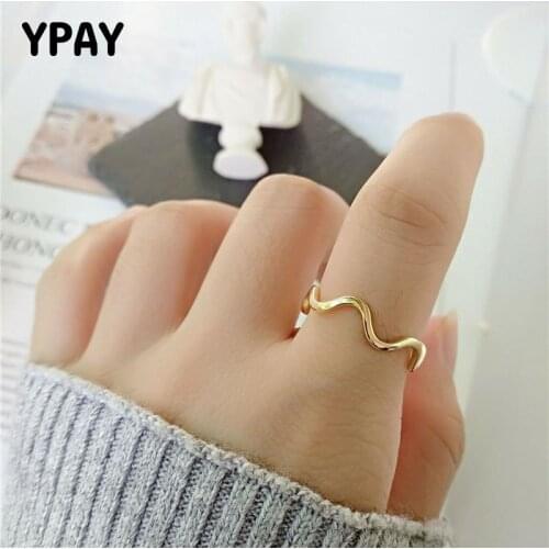 YPAY 100% Genuine 925 Sterling Silver Open Rings for Women Korea Japan Simple Lines Wave Ring Fine Party Jewelry Gifts YMR961