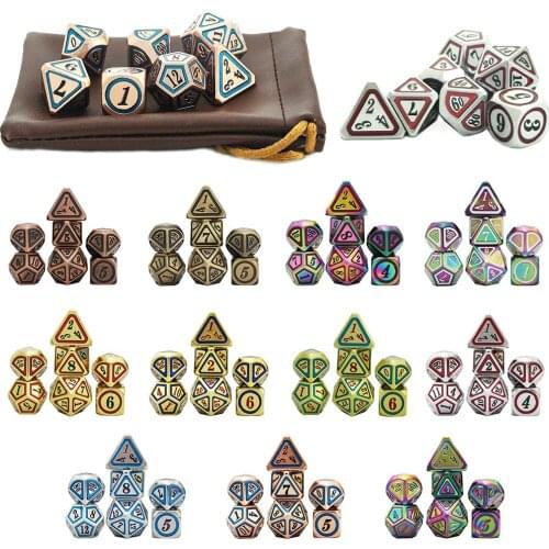 Funny Metal Dice Set 7pcs + 1pc Bag D4 D6 D8 D10 D12 D20 for Role Playing DND RPGs Board Game As Gift