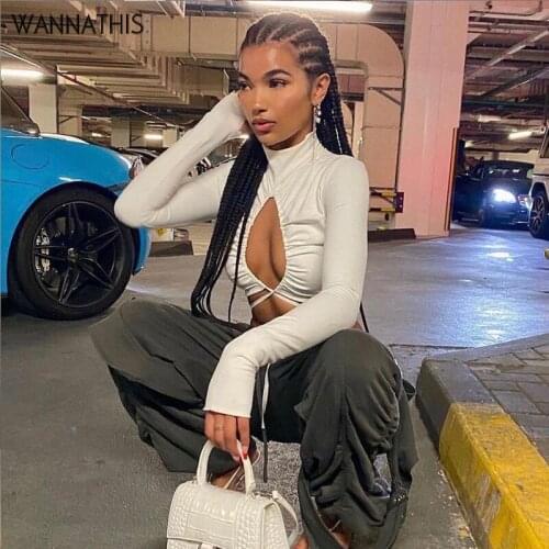 WannaThis Long Sleeve T-Shirts Women Hollow out Sexy Long Sleeve Hight Neck Womens Crop Tee White Sexy Fashion Clubwear 2021