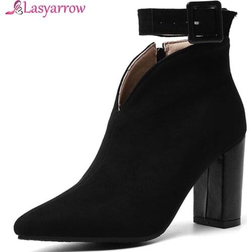 Lasyarrow 2019 Autumn Flock Buckle Ankle Strap Womens Boots Black Green Booties Big Size Block High Heels Footwear Shoes J1021