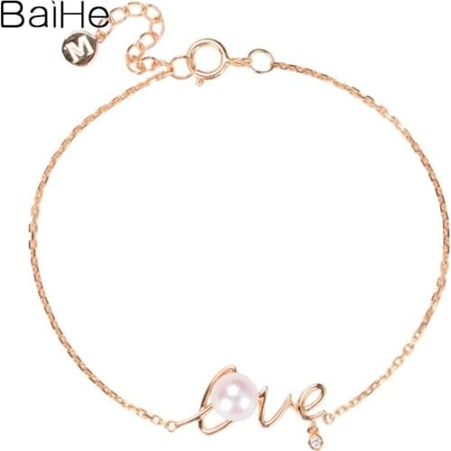 BAIHE Solid 18K Yellow Gold 6mm Natural Pearl Wedding Trendy Fine Jewelry Elegant unique love Bracelet FOR Women Pearl браслет
