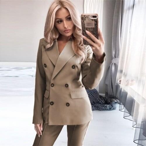 TYHRU Women Autumn Solid Color Lapel Long Sleeve Double Breasted Blazer Pants Two-piece Womens Costume