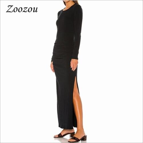 Black Vintage Suede Leather Maxi Dress Women Long Sleeve Side Split Long Dress Elegant Lady Faux Leather Dress Plus Size Custom