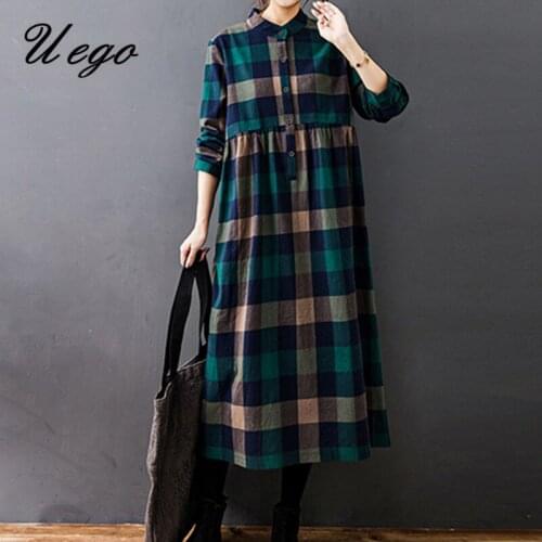 2021 Korea Style Fashion Plaid Chic Spring Blosue Dress Cotton Linen Vintage Women Casual Autumn Dress Office Lady Work Dress