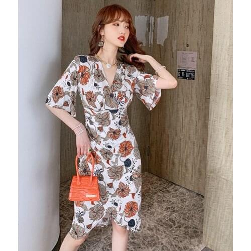 Fashion Summer Vintage Flare Sleeve Midi Party Dress Ladies OL Elegant Streetwear V-Neck Print Bodycon Split Asymmetrical Dress