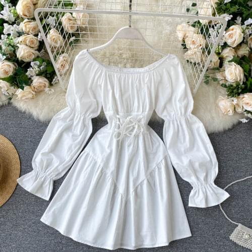 Zoki Autumn Mini Dress 2021 Retro Gothic Women White Puff Long Sleeve Sexy Off Shoulder Bandage Party Dress Black Korean Vestido